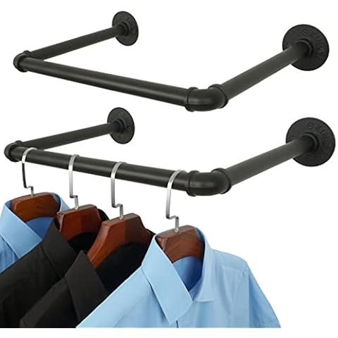AddGrace Industrial Pipe Clothing Rack 20.5" DIY Heavy Duty Garment Rack 2Pack Wall Mounted Clothes Rack Closet Rod for Hanging Clothes (Black) 52cm Cover