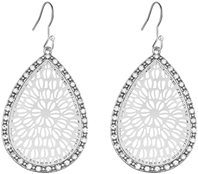 Capwell + Co Teardrop Filigree Statement Drop Dangle Silver Earrings with Crystal Stones for Women and Girls