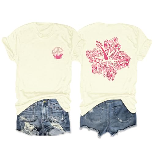 Image of Hawaiian T Shirts for Women Oversized Aesthetic Hibiscus Flower Beach Shirt Teens Preppy Tropical Graphic Tee Tops