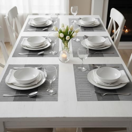 Image of YELONA Placemats for Dining Table Set of 6 - Heat Resistant, Non-Slip & Washable Woven PVC Vinyl Table Mats - 45 x 30 cm, Light Grey