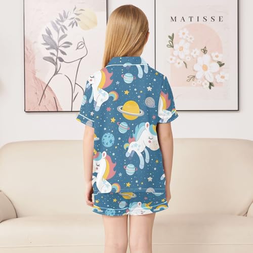 ALAZA Unicorn Star Planet Solar System Pajamas Satin Pajama Set Short Sleeve Button Down Sleepwear4