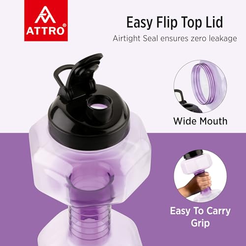 Image of ATTRO Dumbbell Water Bottle 2 Liter Plastic Bottle with Grip Handle Stylish Bottle for Gym Lover BPA Free, Food Grade, Leakproof- Violet