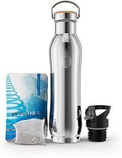 pH Active Insulated Water Bottle - Filtered Alkaline Water Bottle - Stainless Steel Water Bottle - Includes Alkaline Water Filter, Plus Bonus Sports Gym Lid - Double Walled Metal New 2019 Model 650ml