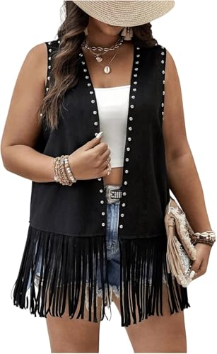 Women Tassel Vest 70s Hippie Faux Suede Rivets Sleeveless Fringe Waistcoat Open Front Boho Western Jacket Cardigan (D-Black, XXXL)2