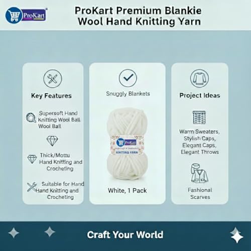 Image of ProKart Premium Blankie Wool, Plush & Cuddly, Chenille Yarn Supersoft Hand Knitting Wool Ball | Blanket Thick /Mottu Yarn Ball Suitable for Hand Knitting and Crocheting (Pure White, 100gms x 4 Pack)