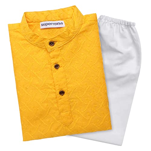 Superminis Baby Boys Ethnic Wear Colored Cotton Chikankari Kurta, Round Collar, Full Sleeves With White Pyjama, Kurta Set (Yellow, 6-7 Years)