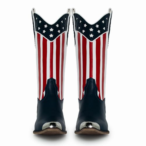 RKQ Women's Flag Mid Calf Cowboy Boots Chunky Block Heel Pull On Wide calf Metal Pointed Toe Western Cowgirl Booties classic sexy party Boots4