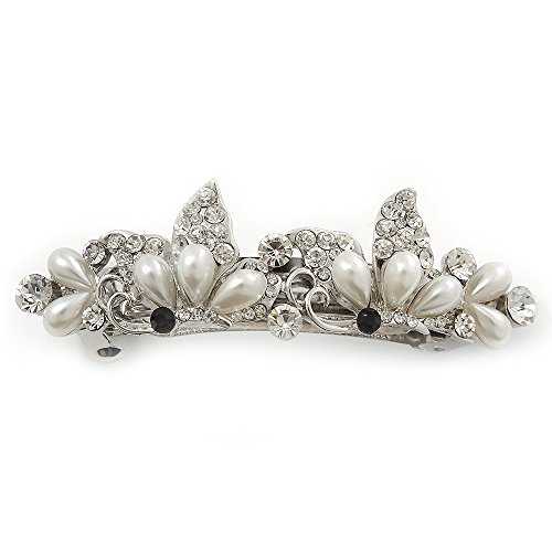 Barrette à cheveux argentée strass perles 75mm accessoire chignon mariage