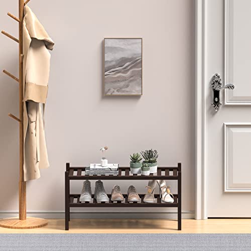 2 Tier (Thick) Bamboo Shoe Rack for Closet Free Standing Wood Shoe Shelf for Entryway Small Space Stackable 27"x12"x14" (Black Brown)