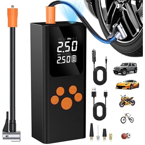 Rechargeable Air Pump for Car Tires, Tire Inflator Portable Air Compressor, 150PSI Tire Inflator with Pressure Gauge LCD Screen and Emergency LED Light, Cordless Air Pump for Motors, Bicycles, Balls Cover
