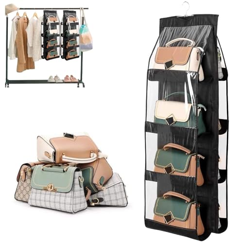 Amerteer Hanging Handbag Purse Organizer Breathable Polyester Fiber + PVC Handbag Organizer 8 Easy Access Pockets Wardrobe Closet Space Saving Organizers Washable (46 x 13.77)