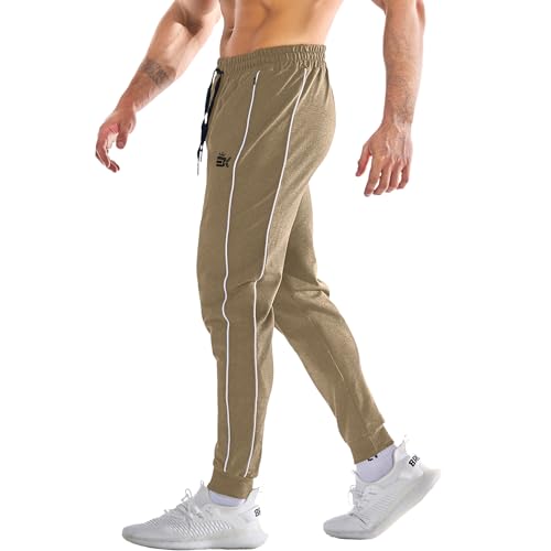 BROKIG Men's Stripe Gym Joggers Pants, Causal Slim fit Tapered Workout Sweatpants with Zipper Pocket