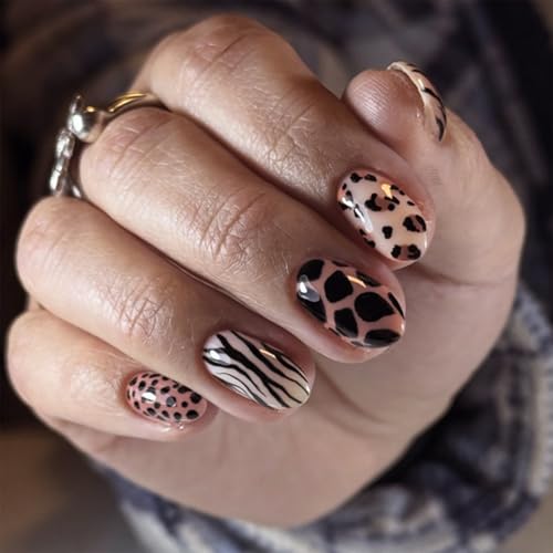 Image of Secret Lives Leopard Print Press-On Nails Short Almond - Reusable Glossy Fake Nails for Women, Animal Design, Easy to Apply Pack of 24 Pieces