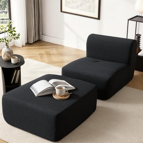 Image of Armless Chair with Ottoman, Modern Corduroy Convertible Cloud Couch