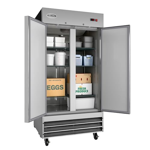 Image of KoolMore RIR-2D-SS35C Commercial Stainless-Steel Reach-in Refrigerator with Two Door Access for Restaurants, Cafes, and Cold Food Storage, Large 35 Cu. Ft. Capacity, Heavy Duty Kitchen Use, 2, Silver