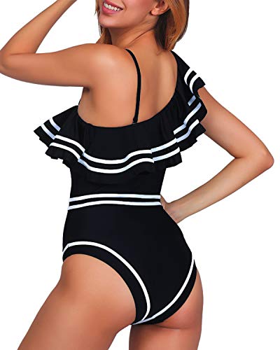 Elegant Taste Women's One Piece Swimsuit One Shoulder Ruffle High Waisted Bathing Suits Black Large Size #TOP7