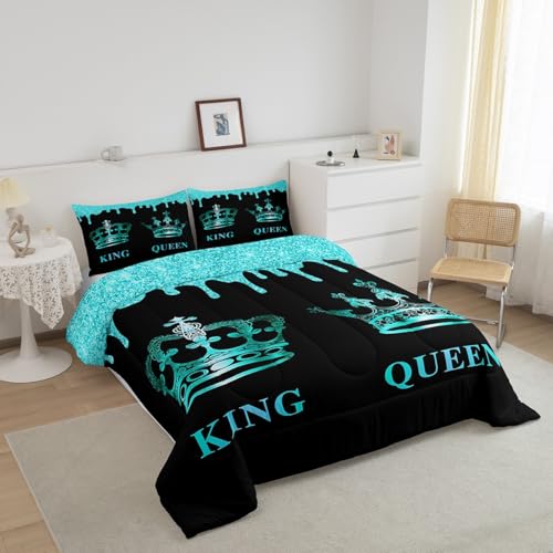 Image of Feelyou Couple Crown King Queen Comforter Twin Size, Mr Mrs Bedding Set Anniversary Comforter Set for Couple Man Woman Romantic Duvet Set Couple Bed Set 2Pcs