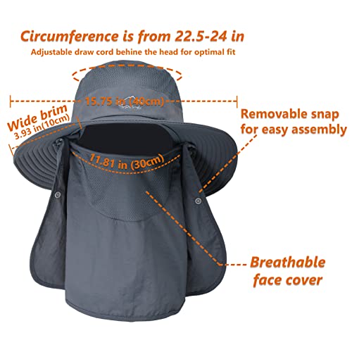 Upf 50+ Sun Fishing Hat For Men Women Wide Brim Hat With Detachable Face Cover & Neck Flap Dark Grey #TOP2