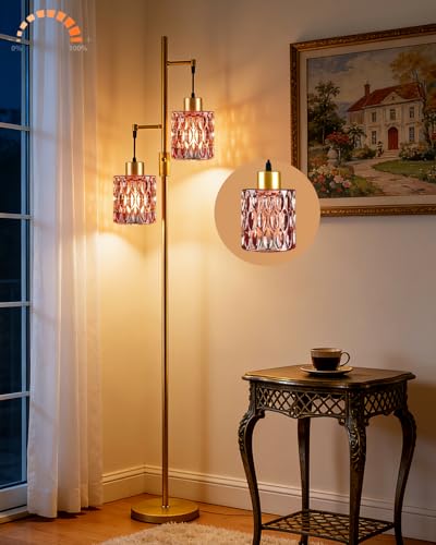 Image of 2-Light Glass Floor Lamp, 65IN Tall Standing Lamps Dimmable with Rose Red Glass Lampshade, 3000K Warmwhite Mid Century Modern Floor Lamp with 5Lbs Heavy Base for Living Room /Bedroom