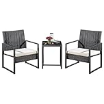 Yaangagpe 3 PCS Rattan Garden Furniture Set, White Cushioned Bistro Set with Coffee Table & 2 Chairs, Outdoor Patio Furniture for Garden, Balcony, Poolside