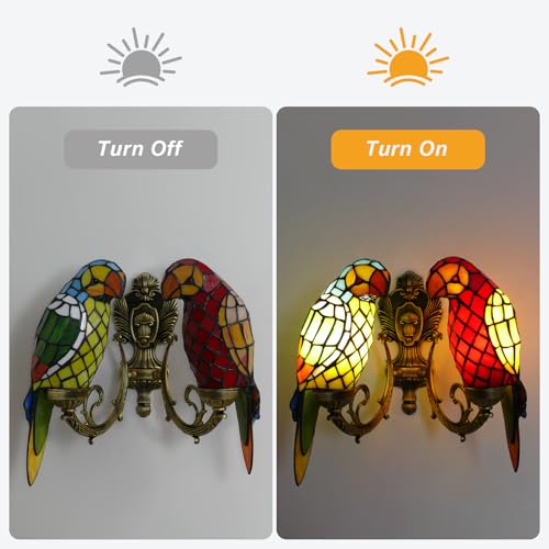 Image of 2-Light Double Parrot Tiffany Wall Sconce Stained Glass with Bulbs | Handmade double parrot stained glass Tiffany wall sconce, 2 lights, vintage decor, includes LED bulbs for bedroom hallway