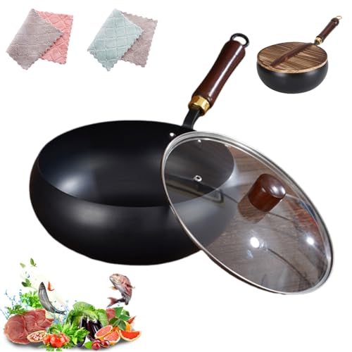 Padella in Ferro Giapponese, Padella in Ferro Forgiato Non Rivestita a Mano, Antiaderente Grande Vaso con Coperchio Per Fornelli a Gas E Induzione (Finitura lucida + coperchio in vetro, 30 cm)