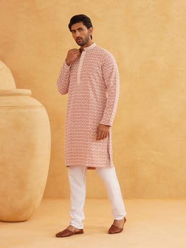 Image of SOJANYA Men's Coffee Brown Cotton Blend Kurta with Intricate Embroidery & Subtle Sequin Work