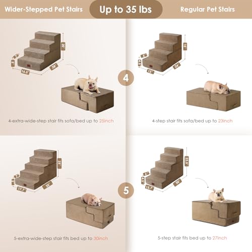 Image of EHEYCIGA Dog Stairs for High Bed 25 inch H, 5-Step Extra Wide Dog Steps for Bed, Pet Steps for Small Dogs and Cats, Non-Slip Balanced Pet Ramp Indoor, Camel