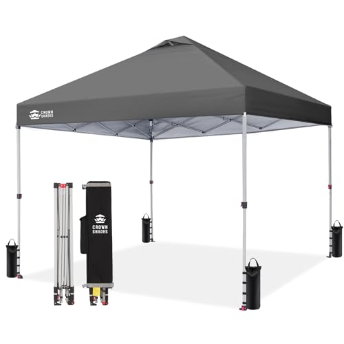 CROWN SHADES 10×10 Pop Up Canopy – Beach Tent with One Push Setup – Easy Outdoor Sun Shade Shelter for Events, Parties – Gazebo with STO-N-Go Cover Bag, Silver Coated Top,Light Gray