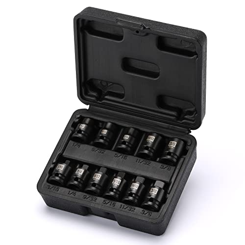 EMENTOL 11PCS 3/8 Drive Pipe Plug Socket Set SAE CR-MO Tapered Male Square Drive- 3/16 Inch to 3/8 Inch Chamfered Female Square Drive- 1/4 Inch to 3/8 Inch 11 Pieces Set