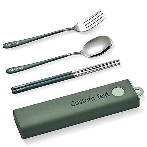 Muka Set of 3 Personalized Portable Utensils Stainless steel Chopsticks Fork Spoon Travel Flatware Set with Custom Logo & Name-Green