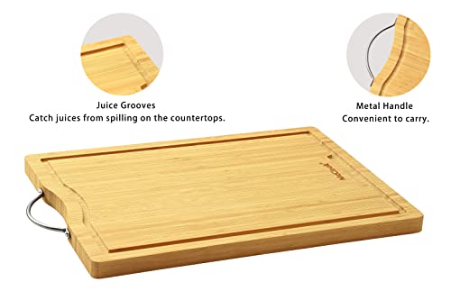 McCook MC69B Stainless Steel Kitchen Knives Block Set + MCW11 Bamboo Cutting Boards Set of 4 (Large, 17”11.4”0.8”)