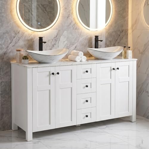 SOLIDEE 48' Bathroom Vanity with Sink, White Modern Freestanding Bathroom Vanity Cabinet with Marble Texture Top and 4 Drawers, Two Boat Ceramic Vessel Sinks