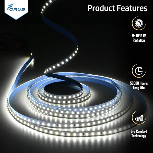 Image of Forus 5 Meter (5M) 8mm Cool White LED Strip Light, 120 LEDs /M Plug & Play Flexible Lighting for Home Decor, False Ceiling, Pooja & Living Room, Kitchen, Mirror, Stairs, 2-Year Warranty