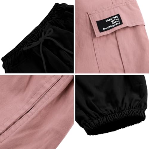 Image of SANGTREE Girl's&Women's 2 Packs Cargo Pants Elastic Waist Drawstring Tapered Multi Pockets Cargo Jogger Pants