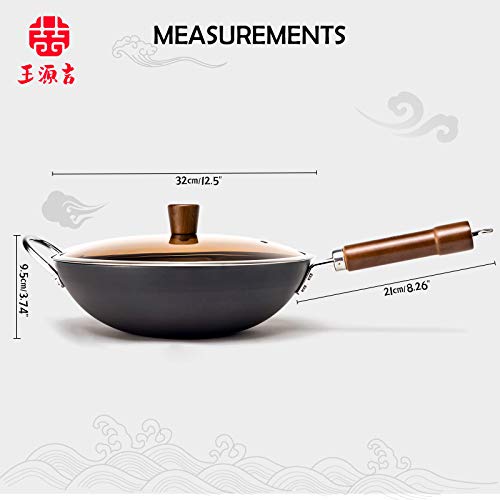 Wangyuanji Wok Pan Carbon Steel Wok 12.59" Flat Bottom Woks And Stir Fry Pans (Cleaning Cloth & Brush For Free) Chinese Traditional Iron Pot With Detachable Wooden Handle Practical Gift #TOP2