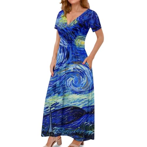 Image of Women's Fall Summer Short Sleeve Ankle Length V-Neck Party Dress with Pockets Size S-3XL