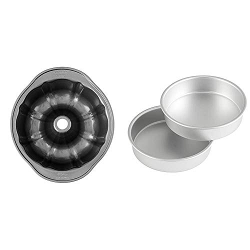 Wilton Perfect Results Premium Non-Stick 9-Inch Fluted Tube Pan & Performance Aluminum Pan 8-Inch Round Cake Pans, Set of 2