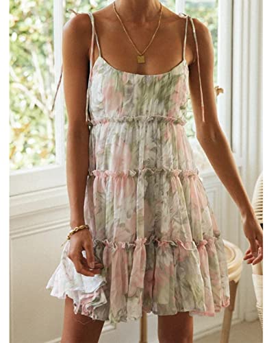 Image of Mansy Womens 2026 Summer Floral Mini Dress Boho Flowy Skater Dresses Short Sleeveless Ruffle Spaghetti Strap Dress