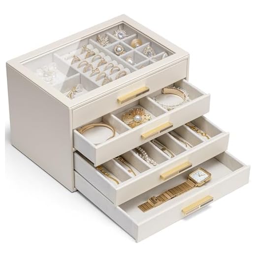 Vlando Schmuckkästchen Groß, Schmuckkasten mit 4 Ebenen, Schmuck Organizer mit Glasdeckel, 4 Schubladen,für Halsketten, Ohrringe, Uhren, Armbänder, Schmuckaufbewahrung, Modern, Cinderella Plus, Beige