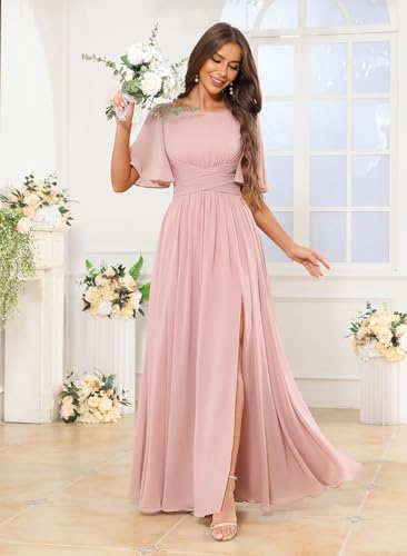 Bridesmaid Dresses with Pockets Slit Chiffon Long Ruffles A Line Scoop Neck Formal Wedding Guest Dress3