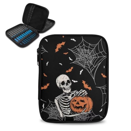 Image of Vanideaoty Skeleton Crochet Hook Bag Pumpkin Crochet Organizers | Knitting Needle Organizer Storage, Soft Easy to Clean, Outdoors, Halloween Decoration