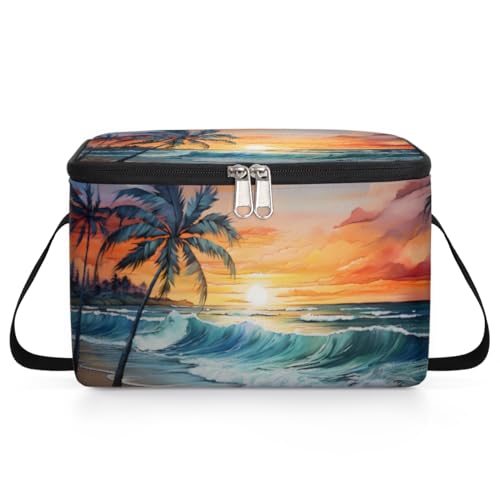 GzLeyigou Summer Sunset Lunch Bags for Women Men 9 Cans, Hot & Cold Food Delivery Bag Insulated Grocery Bag Insulated Lunch Box Tropical Palm Tree Cooler Bag for Office Work Picnic Beach