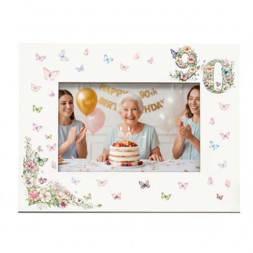 90th Birthday Photo Frame for Her White with Butterflies and Flowers 6x4 Inch Wall Hanging or Desktop Display (Landscape)