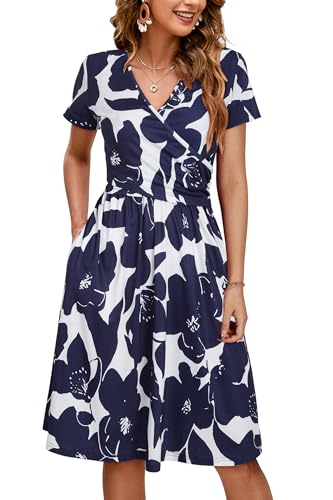 Image of OUGES Maternity Nursing Dress Breastfeeding Short Sleeve V Neck Casual Pregnancy Clothes with Pockets