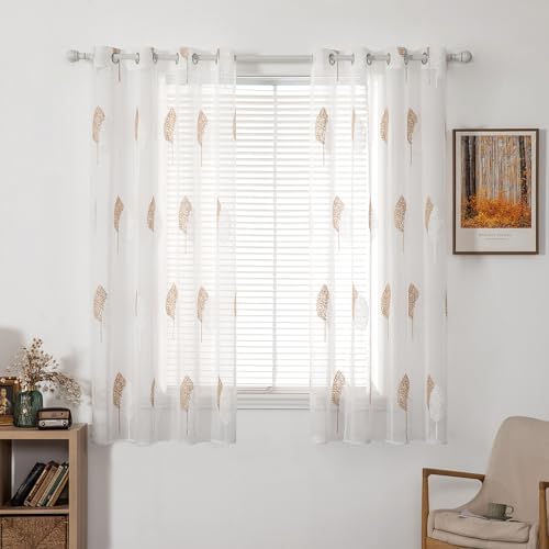 MIULEE Kurz Gardinen mit Braun und Weiss Blätter Muster 2er Set 140x145cm | Modern Stickerei Wohnzimmer Vorhänge Transparent mit ösen für Schlafzimmer Deko, Schöne Blätter Muster V