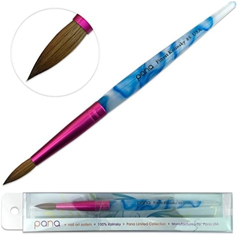 PANA USA Acrylic Nail Brush Pure Kolinsky Hair Acrylic White Swirl Blue Handle with Pink Ferrule Round Shaped - Size 8