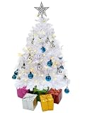 4E's Novelty 23 Inch Prelit Mini White Christmas Tree with Lights, Topper, Ornaments, Gift Boxes, Desk Table Top Christmas Tree Small for Home, Bedroom, Office Decorations