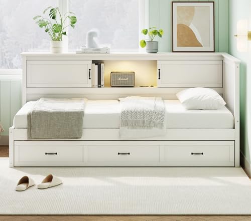 Merax Twin Size Corner Bed Frames with Storage Drawers, Bookcase, Charging Station, Led Downlight, Wooden L-Shaped Captain Daybed Platform for Small Room, Bedroom, Guest Room, Kids'Room, White