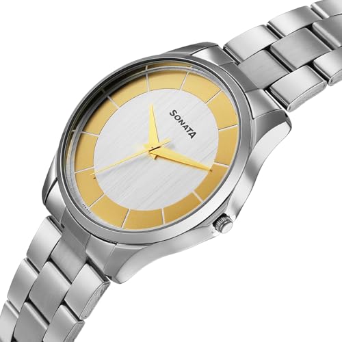 Image of Sonata Traditional Essentials Quartz Silver Gold Round Dial Men's Watch | Analog Watch | Watches for Men Analog - 77163SM01W